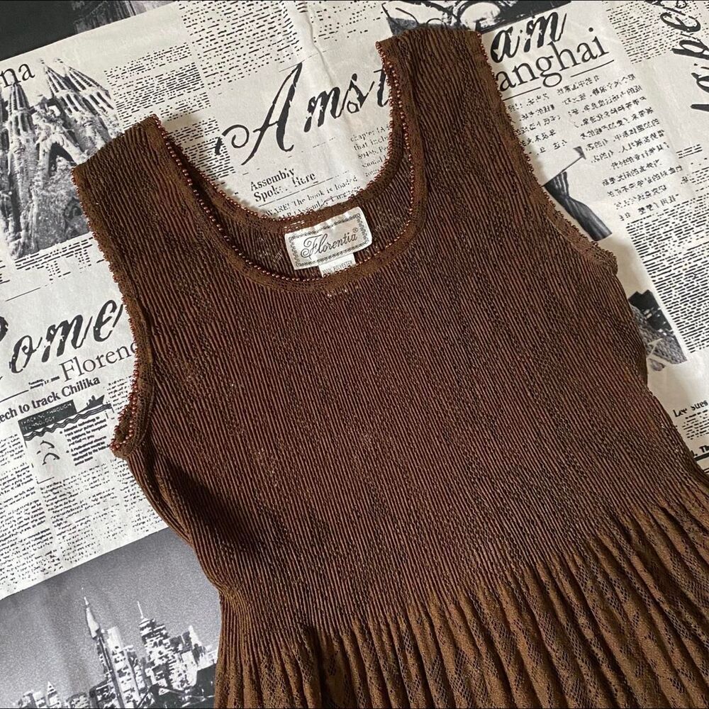 Florentia Women's Brown sheer lace maxi dress beaded vintage 70s tied large mesh
